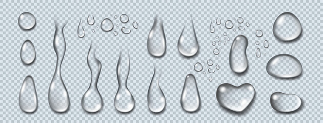 Drop water. Serum gel, oil droplet, collagen liquid jelly clear, cream hyaluron acid, transparent ball, surface moisture lotion. Clear isolated liquid closeup. Rain condensation. Vector background 3d - obrazy, fototapety, plakaty