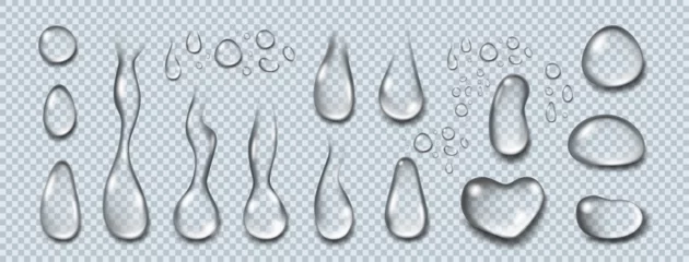Poster Drop water. Serum gel, oil droplet, collagen liquid jelly clear, cream hyaluron acid, transparent ball, surface moisture lotion. Clear isolated liquid closeup. Rain condensation. Vector background 3d © Natalia