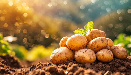 Freshly collected potatoes on the ground in garden. Organic agriculture. Natural and healthy food. - obrazy, fototapety, plakaty