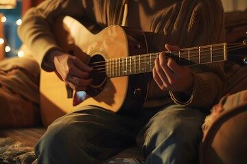 Obraz premium A man plays acoustic guitar on a cozy couch lost in music with soft light illuminating his face. Concept Photography, Musician, Acoustic Guitar, Cozy Atmosphere, Soft Lighting