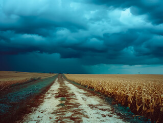 Stormy sky over rural road, impending hurricane, dramatic meteorology concept. - obrazy, fototapety, plakaty