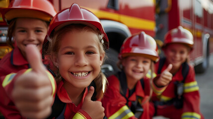 Group of children doing their dream job as Firemen standing next to the fire truck. Concept of Creativity, Happiness, Dream come true and Teamwork. - 764612229