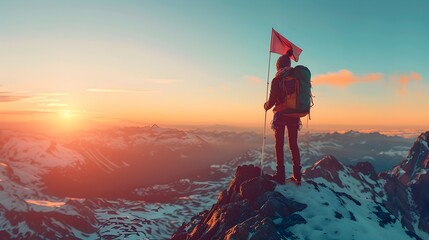 Triumphant Climber Planting Flag on Majestic Mountain Peak at Breathtaking Sunset