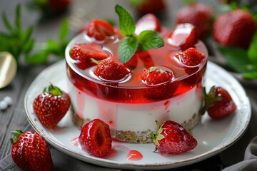 Cold cheesecake with strawberry and strawberry jelly.