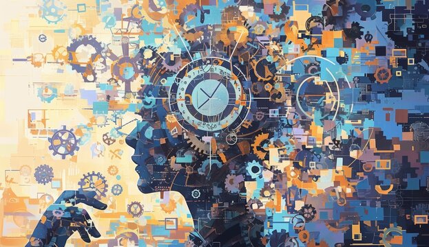 A painting of an abstract human figure with numbers and clocks swirling around their head, representing the complexity and fast-paced nature of digital marketing. 