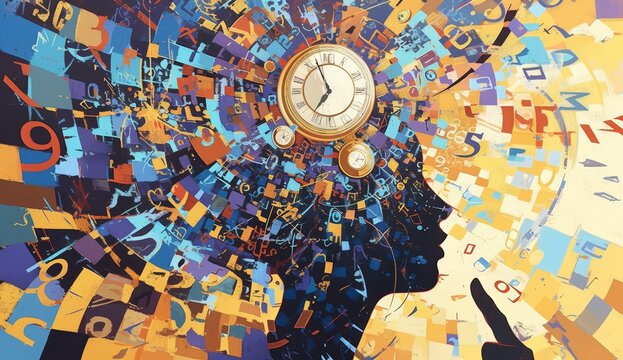 A painting of an abstract human figure with numbers and clocks swirling around their head