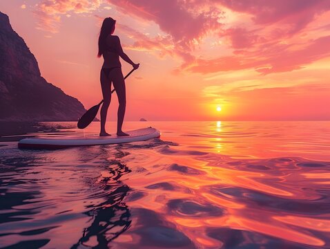 Woman Paddleboarding at Breathtaking Sunset on Serene Coastal Waters