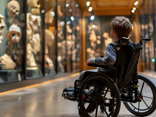 Fototapeta na wymiar Curious Child in Wheelchair Mesmerized by Museum's Historical Wonders