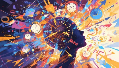 A painting of numbers and symbols floating around the head on a colorful background with vibrant colors.