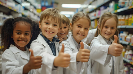 Group of children doing their dream job as Pharmacists at the Pharmacy. Concept of Creativity, Happiness, Dream come true and Teamwork. - 764612448