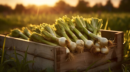 Leeks harvested in a wooden box with field and sunset in the background. Natural organic fruit abundance. Agriculture, healthy and natural food concept. Horizontal composition. - 764612658