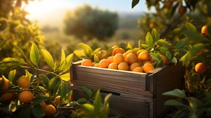 Kumquats harvested in a wooden box with orchard and sunshine in the background. Natural organic fruit abundance. Agriculture, healthy and natural food concept. Horizontal composition. - 764612659