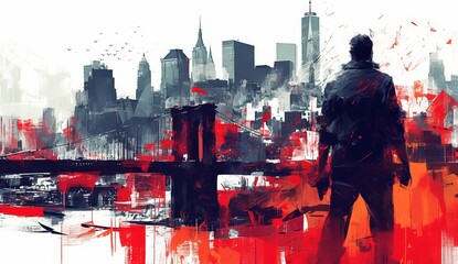 A painting of the cityscape of New York, with buildings painted in shades of red and white, evoking an urban atmosphere. 