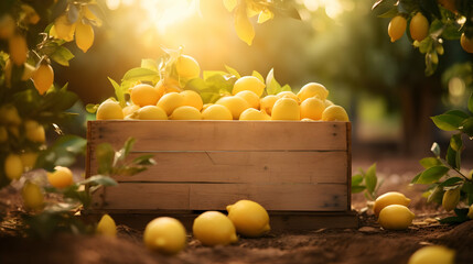 Lemons harvested in a wooden box with orchard and sunshine in the background. Natural organic fruit abundance. Agriculture, healthy and natural food concept. Horizontal composition. - obrazy, fototapety, plakaty