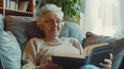 Fototapeta na wymiar Happy elderly woman uses digital computer at home, reads e-book, talks on video call, enjoys online communication