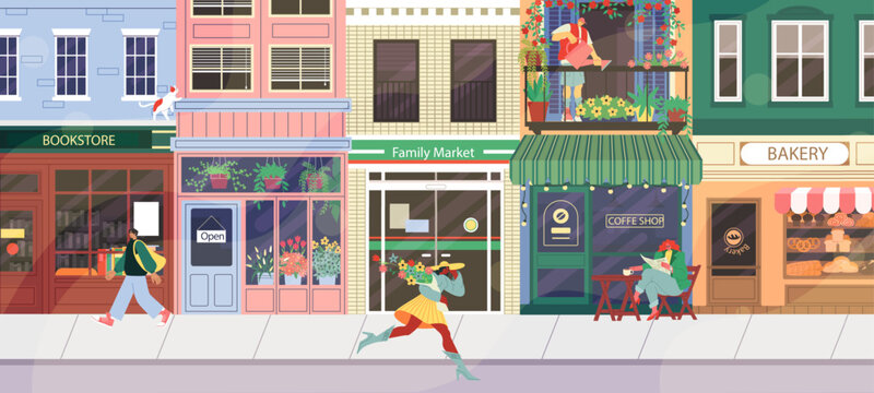 Shop street. People walk along city road. Cafe and bookstore. House exterior. Small business. Town store. Neighborhood building. Modern bakery storefront. Pedestrians at sidewalk. Vector illustration