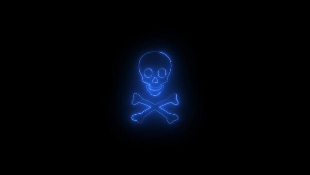 Neon glowing blue skull and crossbones icon animation in black background