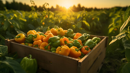 Orange bell peppers harvested in a wooden box with field and sunset in the background. Natural organic fruit abundance. Agriculture, healthy and natural food concept. Horizontal composition. - 764612816