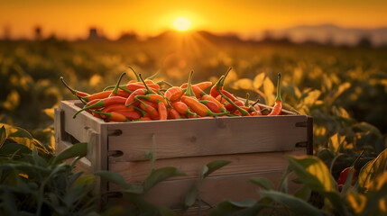 Chili peppers harvested in a wooden box with field and sunset in the background. Natural organic fruit abundance. Agriculture, healthy and natural food concept. Horizontal composition. - 764612836