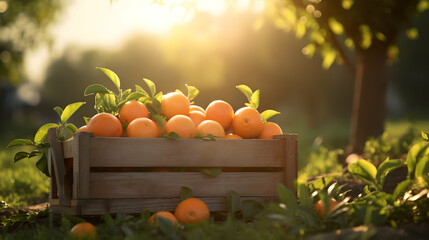 Oranges harvested in a wooden box with orchard and sunshine in the background. Natural organic fruit abundance. Agriculture, healthy and natural food concept. Horizontal composition. - 764612883