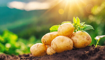 Freshly collected potatoes on the ground in garden. Organic agriculture. Natural and healthy food. - obrazy, fototapety, plakaty