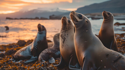 Sea lion family in the ocean water with setting sun shining. Group of wild animals in nature. - 764613028