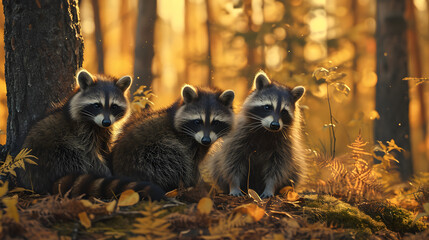 Racoon family in the forest with setting sun shining. Group of wild animals in nature. - 764613030