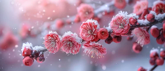 Gardinen wallpaper beautiful tree branch is covered in heavy snow, misty with white and purple red flowers, covered in snow with plum blossom petals, with empty copy space © Uwe