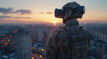 A soldier wearing virtual reality glasses controls a quadcopter. Modern military weapons