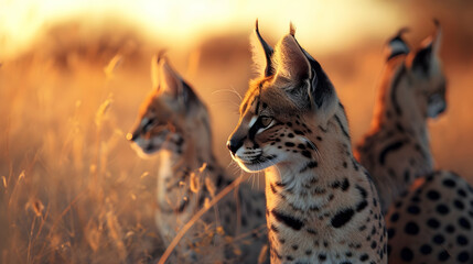 Serval family in the savanna with setting sun shining. Group of wild animals in nature. - 764613089