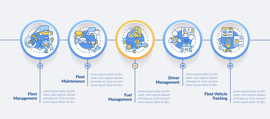 Car fleet optimization circle infographic template. Efficiency management. Data visualization with 5 steps. Editable timeline info chart. Workflow layout with line icons. Lato-Bold, Regular fonts used - obrazy, fototapety, plakaty
