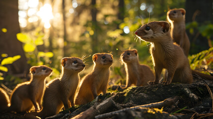 Weasel family in the forest with setting sun shining. Group of wild animals in nature. - 764613252