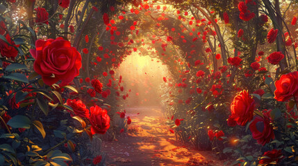 The enchanting red rose garden is colorful and beautiful,
