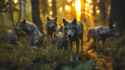 Wolf family in the forest with sunset. Group of wild animals in nature.