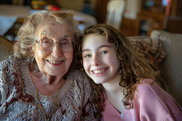 Close up portrait of smiling grandmother and her granddaughter.Ai
