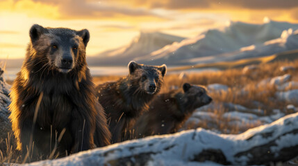 Wolverine family walking towards the camera in the forest with setting sun. Group of wild animals in nature. - 764613290