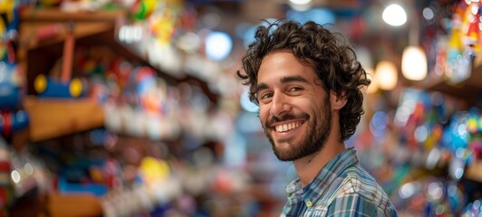 Friendly store worker in toy shop. A young man with curly hair smiling broadly, with a blurred colorful background of toy shelves, representing a pleasant shopping atmosphere. - obrazy, fototapety, plakaty