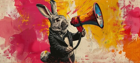 Advertising concept. An rabbit dressed in a black leather jacket holds a colorful megaphone on a vibrant, abstract painted background, promotional materials.