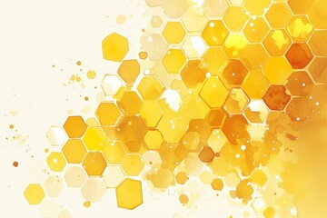 hexagons in shades of yellow and gold, resembling honeycomb, with watercolor splashes 