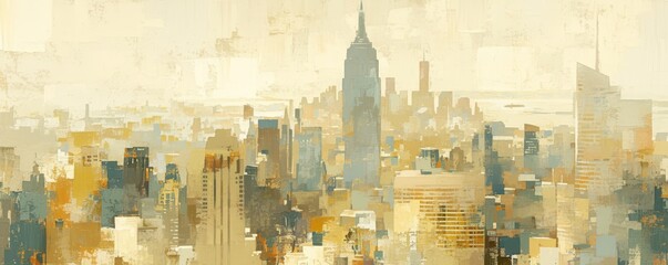 A skyline of the city of New York, painting in oil on canvas with visible brush strokes and color splashes. 