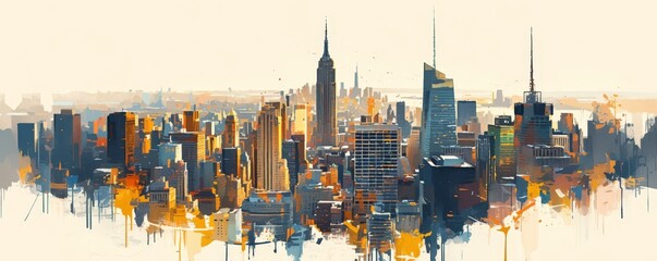 A skyline of the city of New York, with skyscrapers and buildings painted