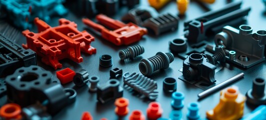 Assorted plastic construction components. Precision engineered thermoplastic parts, focusing on injection moulded gears, connectors, and structural pieces.