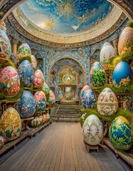 An Abstract Illustration of Easter eggs in a surreal art gallery showcasing eggs painted in various artistic styles - obrazy, fototapety, plakaty