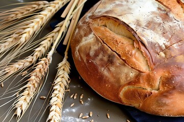 freshly baked bread beside wheat sheaves on table - obrazy, fototapety, plakaty