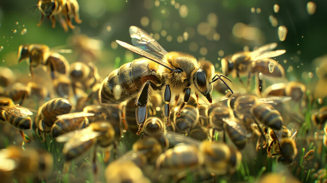 The queen (apis mellifera) is speckled and worker bees surround her - life in a bee colony,