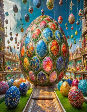 An Abstract Illustration of Easter eggs in a surreal art gallery showcasing eggs painted in various artistic styles