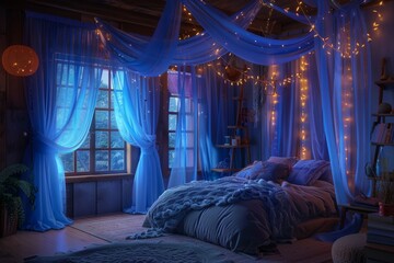 A cozy teen bedroom with layered textiles and plush bedding