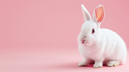A white rabbit looks at the camera with cute eyes on a pink background.