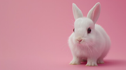 A white rabbit looks at the camera with cute eyes on a pink background.