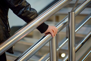 person gripping a metallic handrail on a staircase